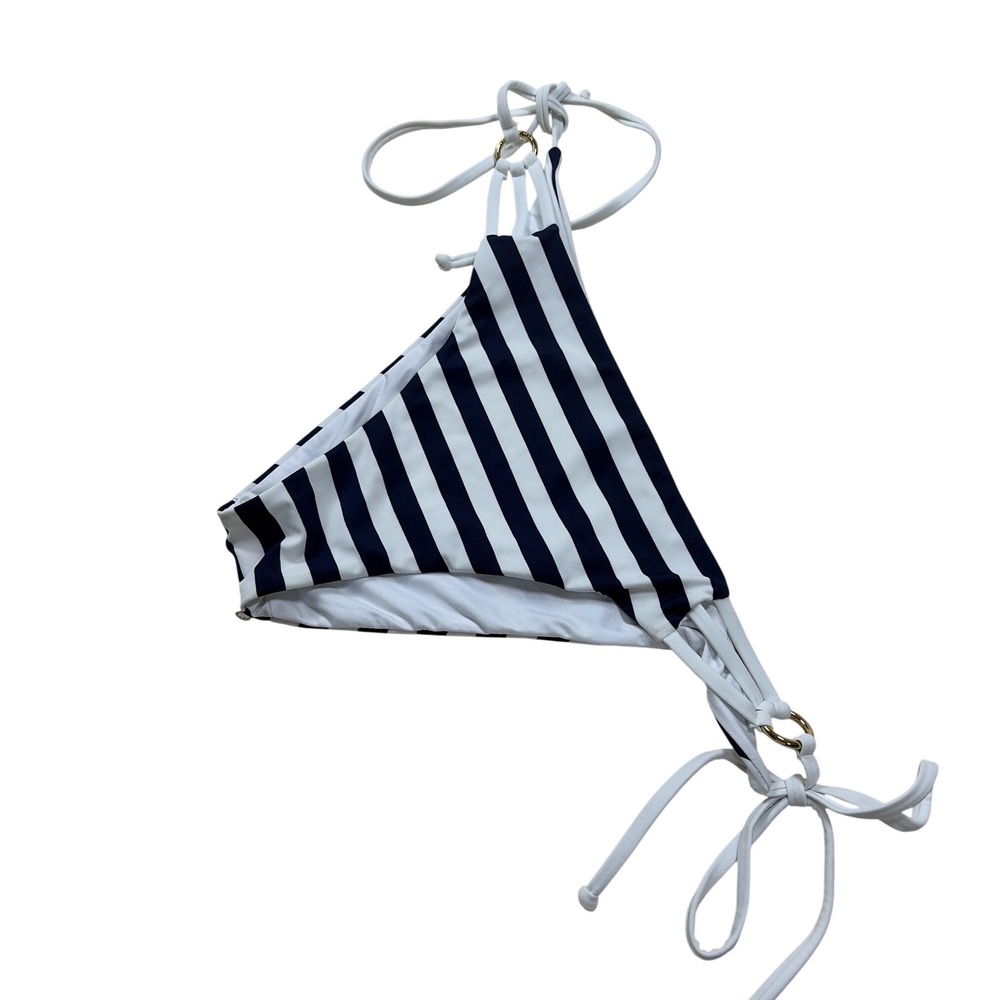 Relleciga Navy White Striped Side Tie Bikini Bottoms Gold Hardware XL